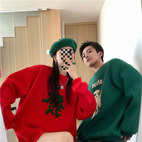 250g towel embroidered couple sweater loose round neck long sleeve autumn winter top