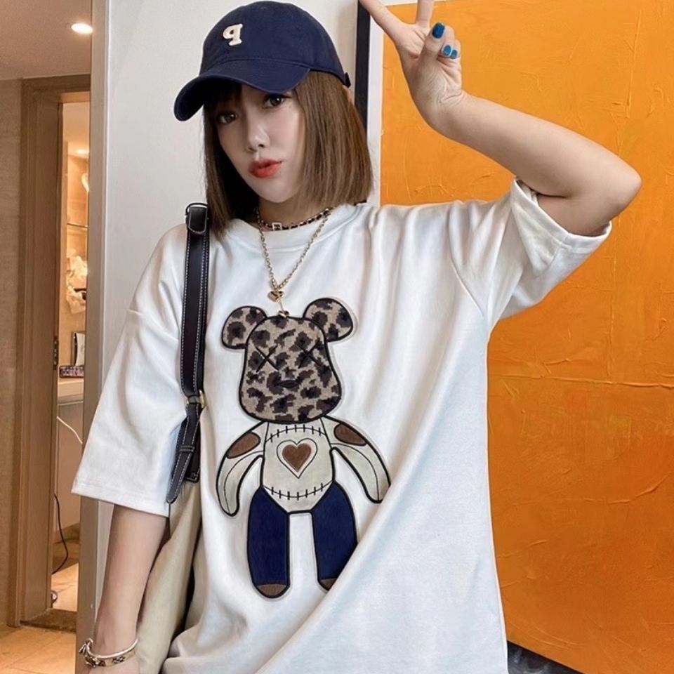 Spring and winter new bear heavy industry printed frosted T-shirt women's half sleeve thin foreign style loose bottomed shirt women