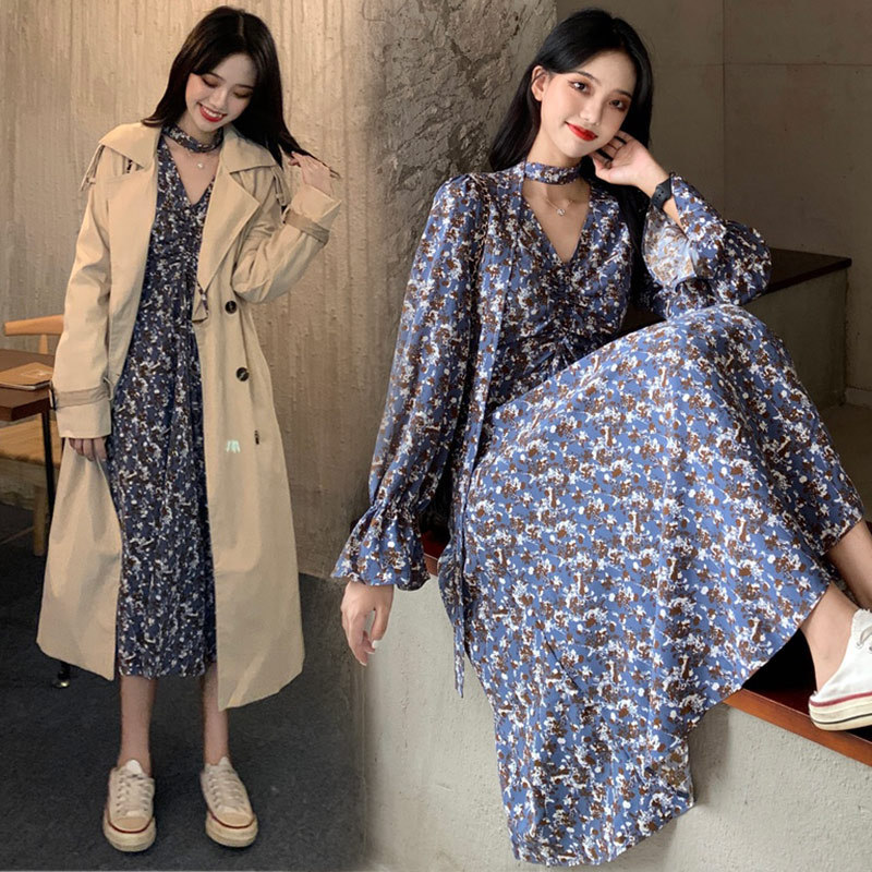Bottomed dress women's autumn and winter new long sleeve inner skirt with broken flower skirt matching windbreaker medium long knee Chiffon