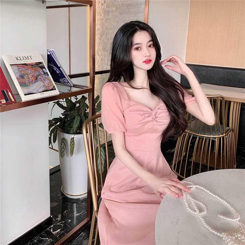 French square shoulder generous neck kink dress 2021 new summer harvest waist thin sister skirt high