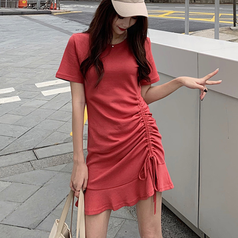 Slim short sleeve small dress women's summer drawstring T-shirt skirt Ruffle short skirt 2021 NEW