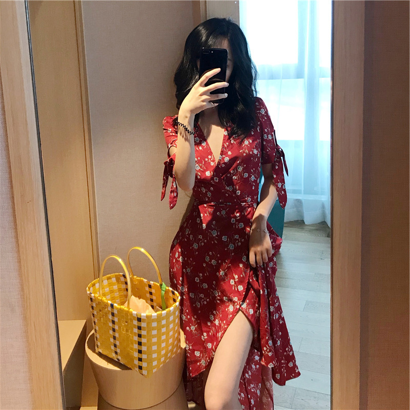 French wrap skirt one piece slim V Neck waist lace up medium long floral skirt summer dress women