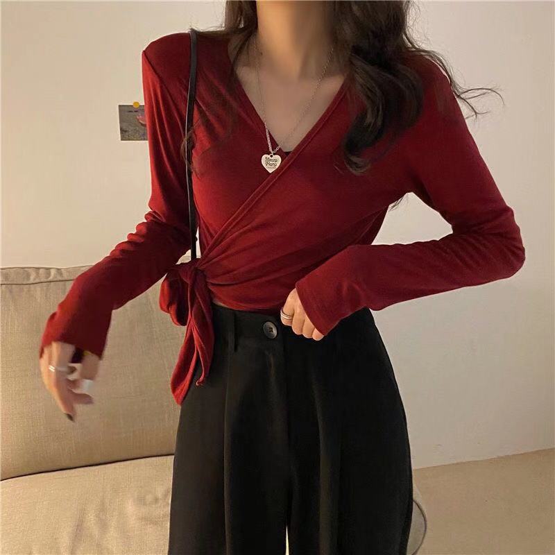 Spring and Autumn New Women's fashion net red slim one piece lace up long sleeve T-shirt short V-neck top 2021