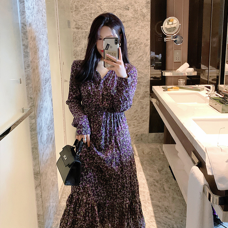 Summer floral dress female Ruffle lady wind high waist long skirt dream purple medium length wrapped tea break skirt