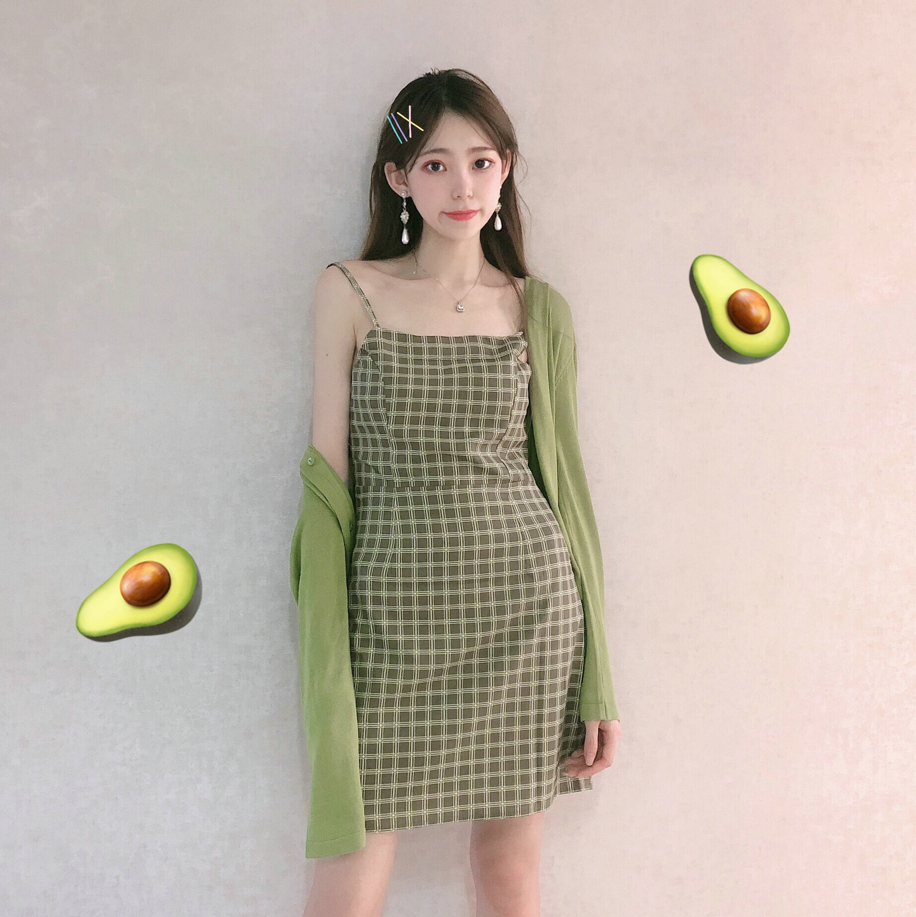 Women's 2021 new summer and autumn slim green small fresh plaid skirt backless suspender skirt
