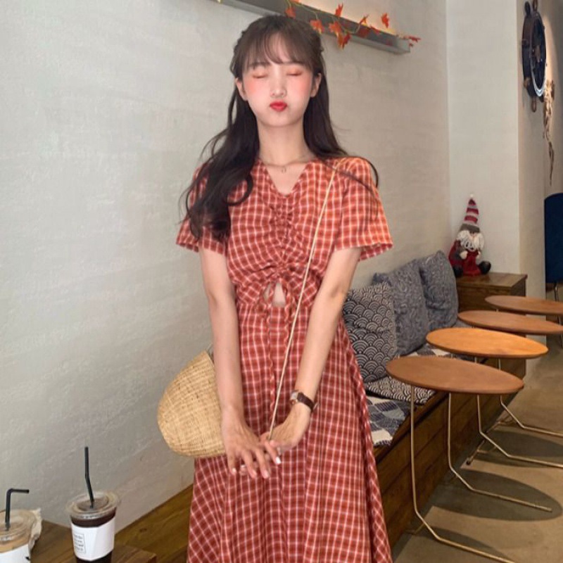 Plaid Dress female 2021 new summer long super fairy small fresh waist slim sister Sen student dress
