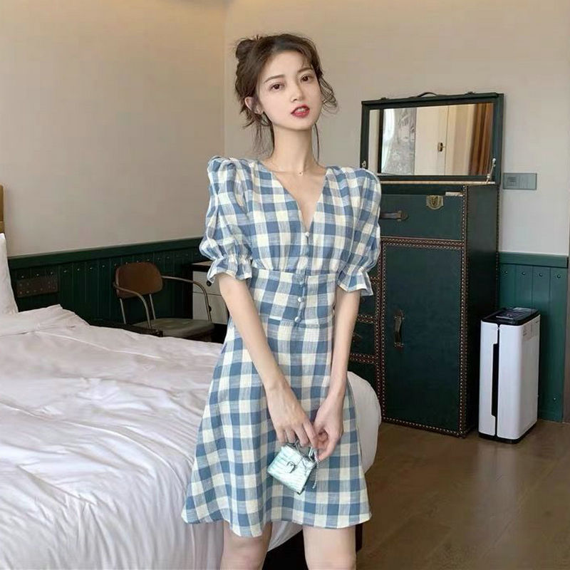 Skirt mid summer long with plaid skirt bubble sleeve Harajuku dress Retro