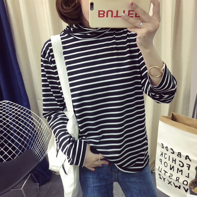 Spring and autumn winter women's loose thin top Long Sleeve Striped T-shirt student high collar bottomed shirt