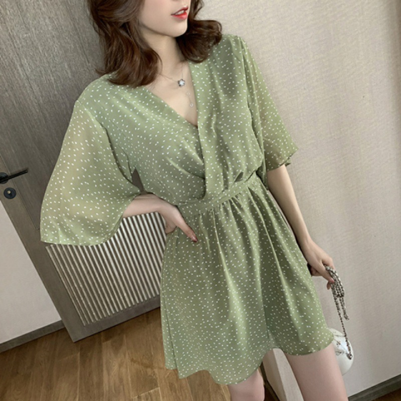 Retro super Fairy Light mature chiffon skirt women's 2021 summer new V-neck close waist thin lace up Polka Dot Dress
