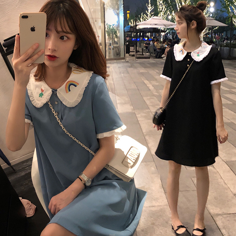 New Embroidered Baby Collar Chiffon Dress Blue loose little fresh student Polo skirt summer 2021