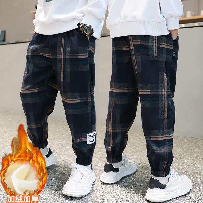 Children's wear boys' pants Plush thickened autumn and winter wear children's middle and large children's one-piece Plush casual pants foreign style sports pants fashion