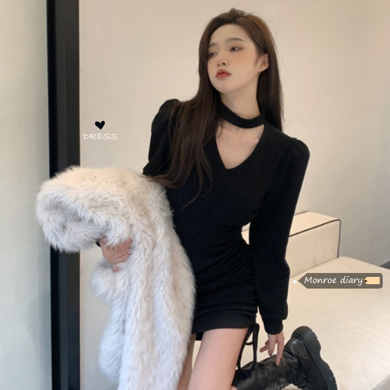 Black dress women's autumn and winter coat with bottom skirt 2021 new slim fit pure sweet Spice Girl Hip Wrap Skirt
