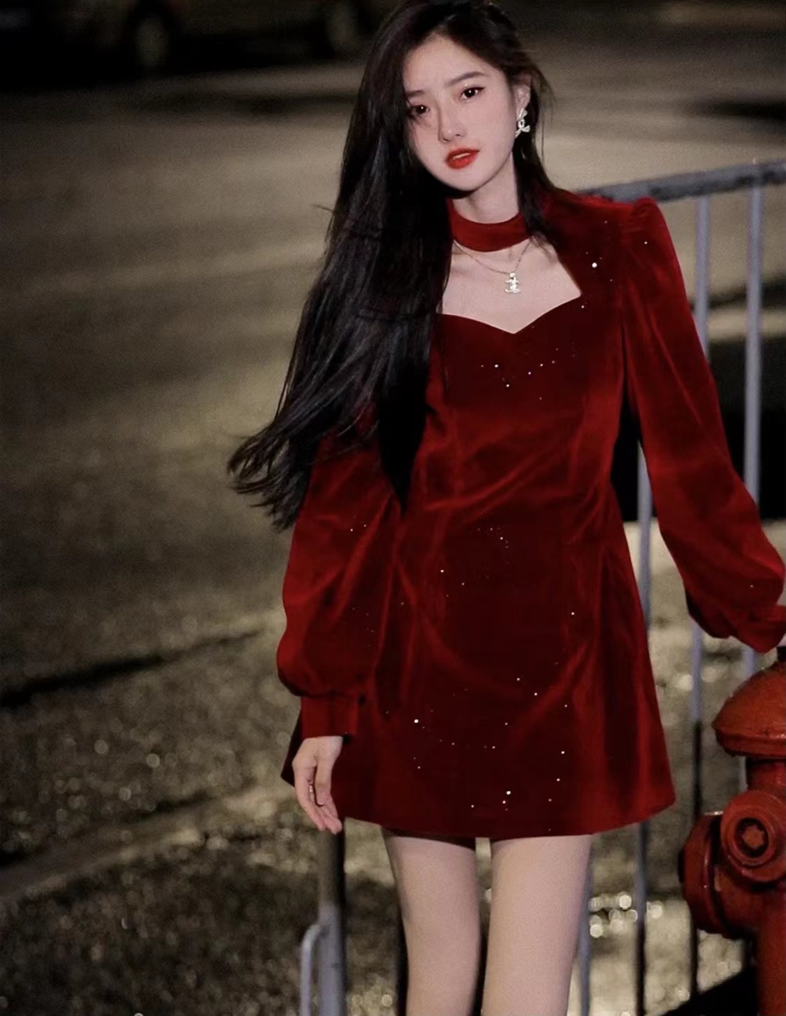 Velvet dress autumn winter New Retro Christmas blingbling annual meeting small black dress