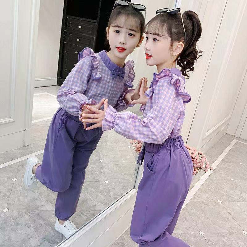Girls' foreign style suit 2021 new Korean Plaid Shirt two-piece set children's middle and older children's fashion spring and autumn fashion