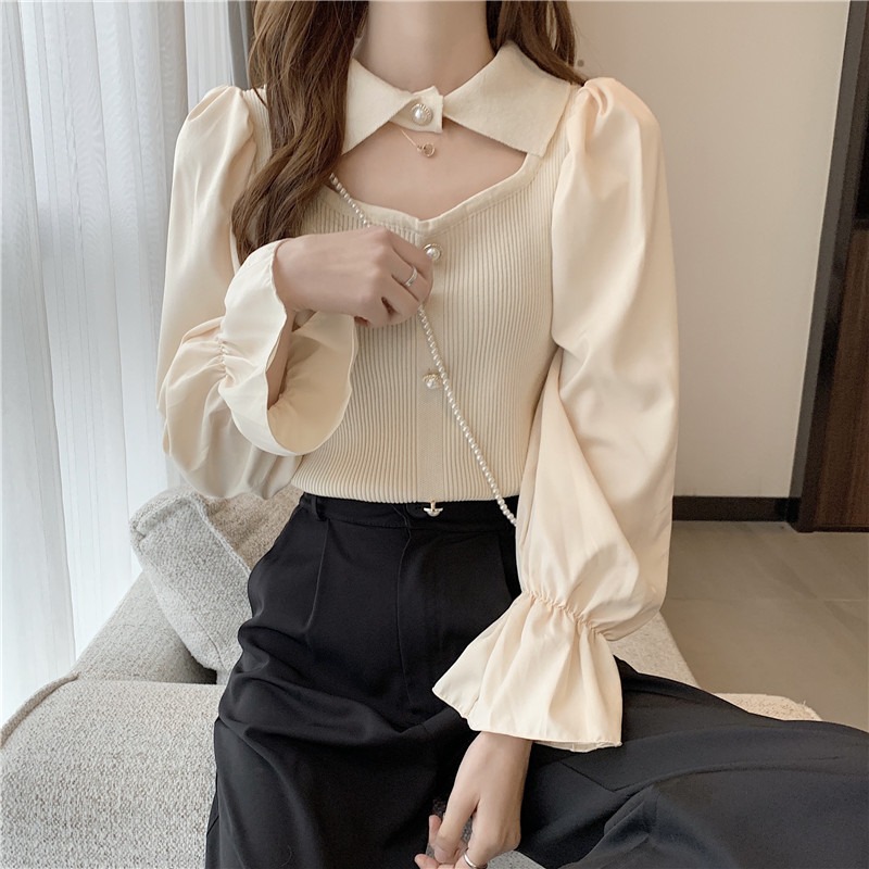 Autumn 2021 new design sense of niche bubble sleeve knitted long sleeve shirt autumn and winter women's chic and unique top