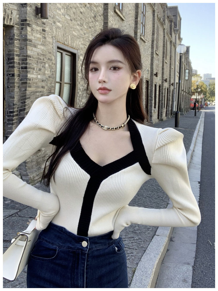 Bubble sleeve Knitted Top Women's autumn and winter French V-neck exposed clavicle temperament thin contrast color slim Pullover Sweater