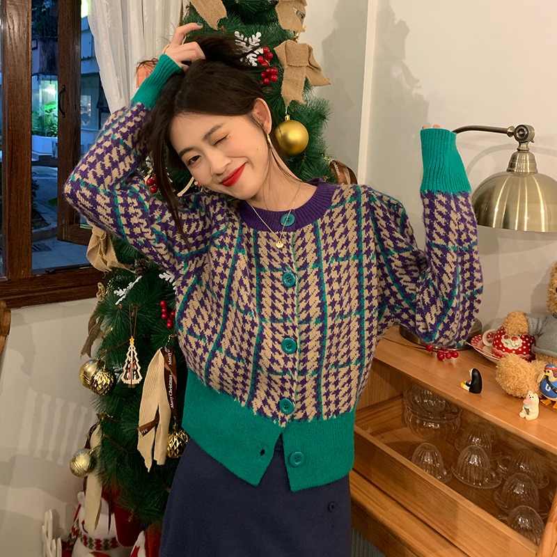 Thousand bird check sweater coat women's autumn and winter 2021 new pop Hong Kong retro chic design sense knitted cardigan