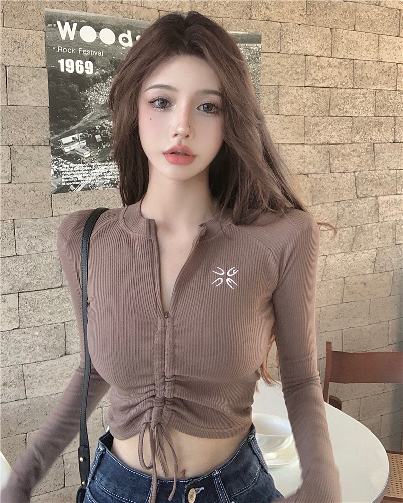 Khaki long sleeve T-shirt women's autumn winter 2021 new bottoming shirt Korean drawstring tight thin short top fashion