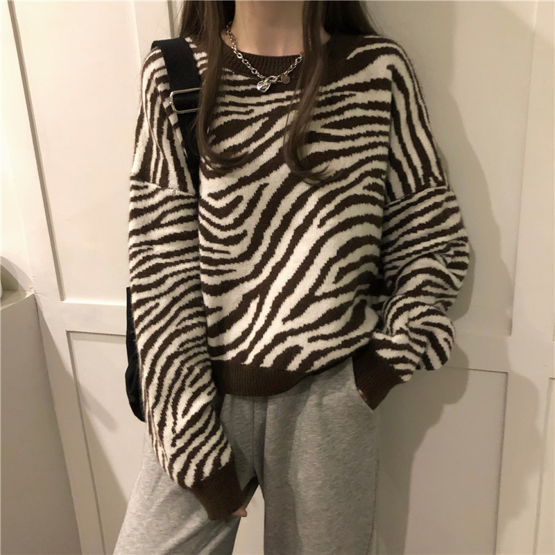 Zebra sweater female autumn winter 2021 New Retro Pullover lazy port style loose outer wear thickened knitted jacket