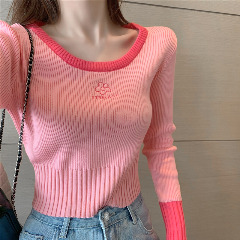 Pink Long Sleeve T-Shirt slim fit 2022 early spring new knitted bottoming shirt women's autumn and winter inner high waist short top