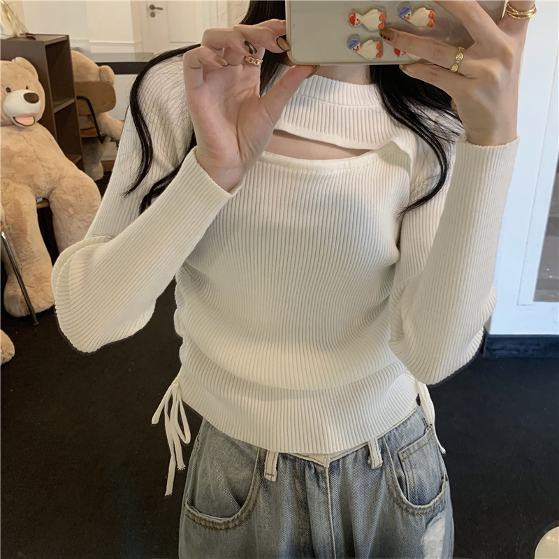 Design sense hollowed out drawstring long sleeve sweater women's autumn and winter 2021 new slim fit Pullover bottomed sweater top