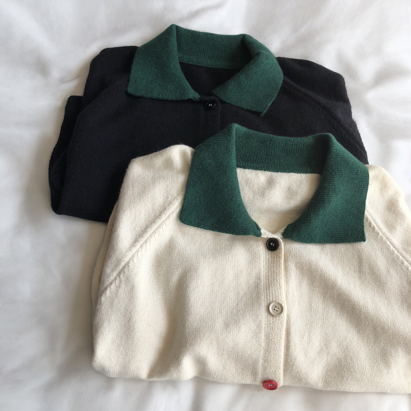 Japanese color contrast green color button cardigan Lapel sweater women's autumn and winter warm long sleeve versatile sweater coat