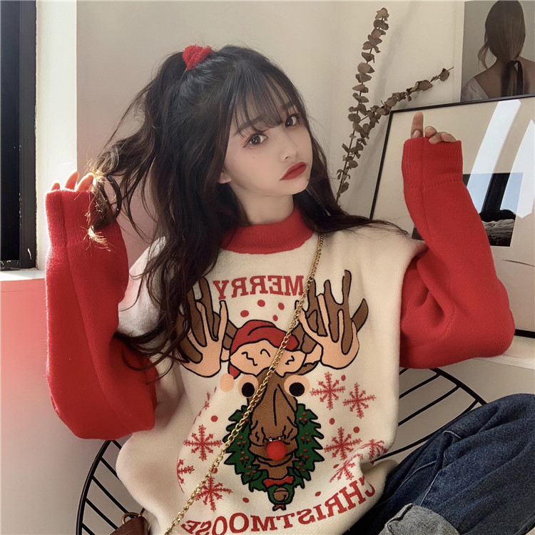 Christmas red bottomed sweater women's winter thickened loose outer wear small versatile sweet girl