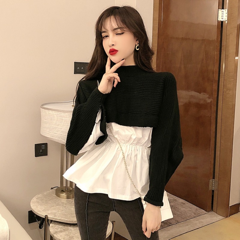 In autumn 2022, the new fake two sweaters are combined to receive waist Ruffle high collar Long Sleeve Sweater Top Women's wear