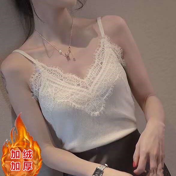 2021 autumn and winter new white lace V-neck warm suspender vest women's Plush thickened versatile knitted bottom shirt