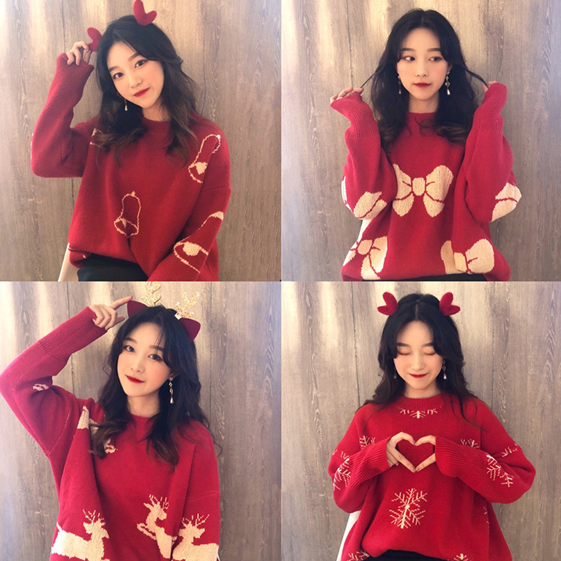 Lazy wind festive Christmas thickened red sweater female autumn and winter wear loose Pullover student girlfriends sweater
