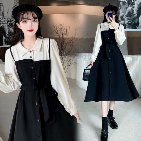 Large women's dress 200kg can wear fake two suspenders long sleeved French dress women's thin Hepburn shirt skirt