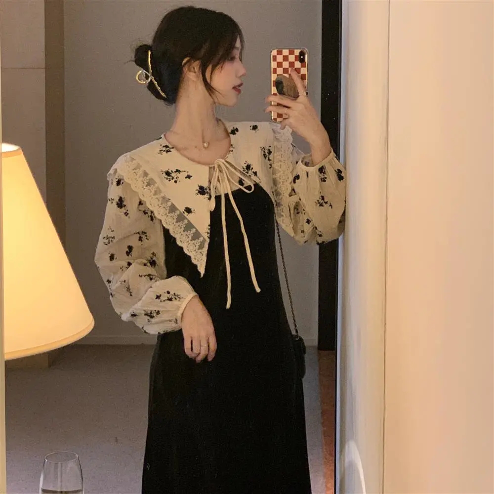 200 kg can wear large women's clothes, splicing fake two long skirts, autumn and winter velvet long sleeve bottomed age reducing dress