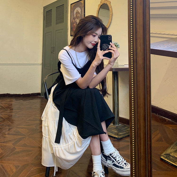 Summer new large fake two-piece suspender dress women's fat mm French retro waist lace up fashion Skirt Set