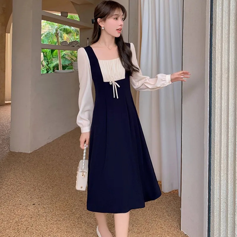 Early autumn new fashion large women's dress fat sister mm THIN French square neck splicing lace up fake two-piece dress