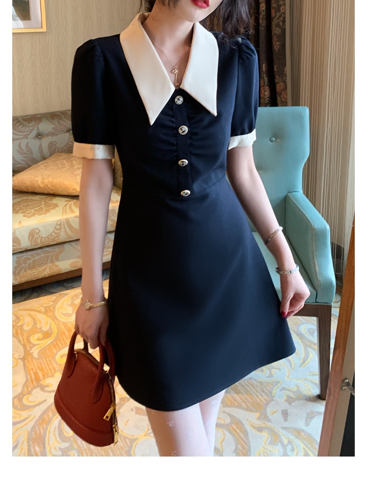 2021 French dress women's summer retro doll collar high sense Hepburn gentle temperament slim tea break skirt