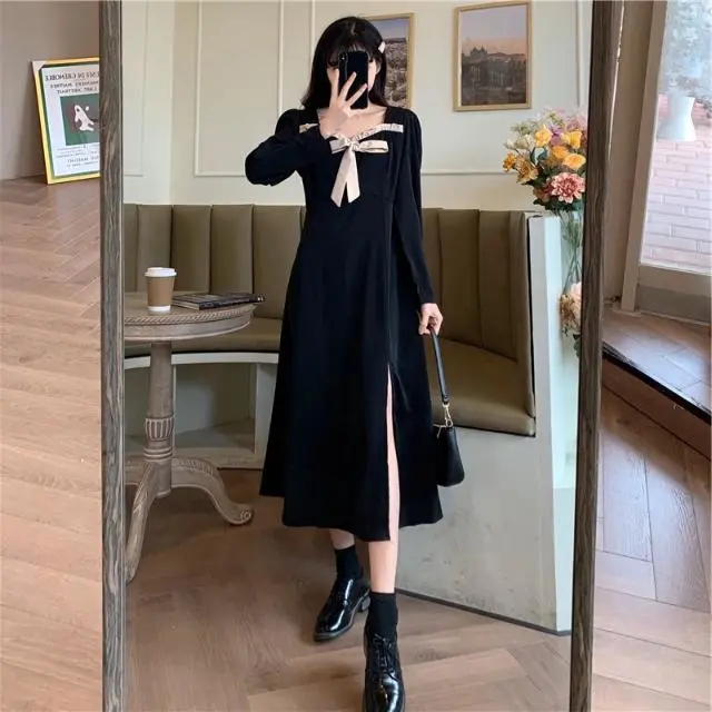 French retro women's small square collar bow dress autumn new style lace up split fork careful machine Hepburn small black skirt