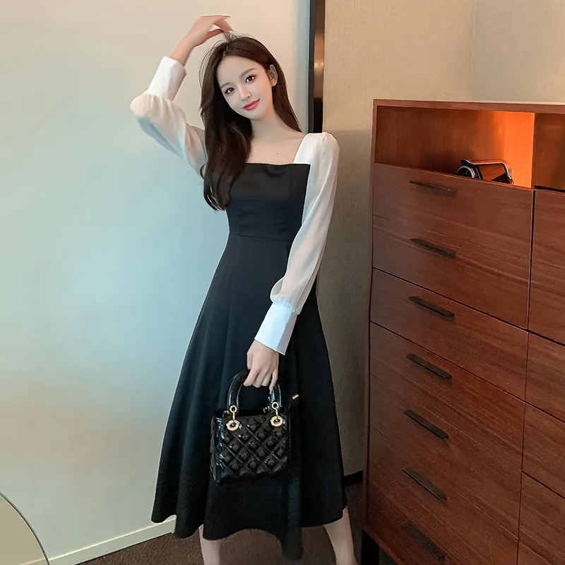 Large women's dress 2021 autumn new square neck French slim long sleeve dress women's medium long black A-line skirt