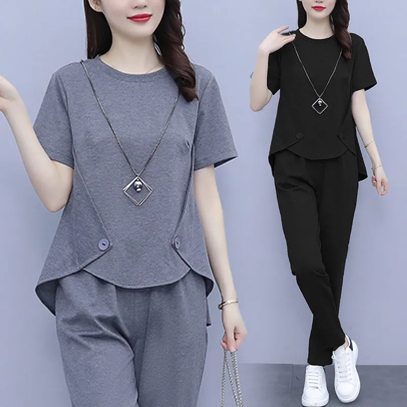 Large women's clothes fat people loose meat cover suit 2021 summer clothes fat sister fashion simple belly cover thin two-piece set