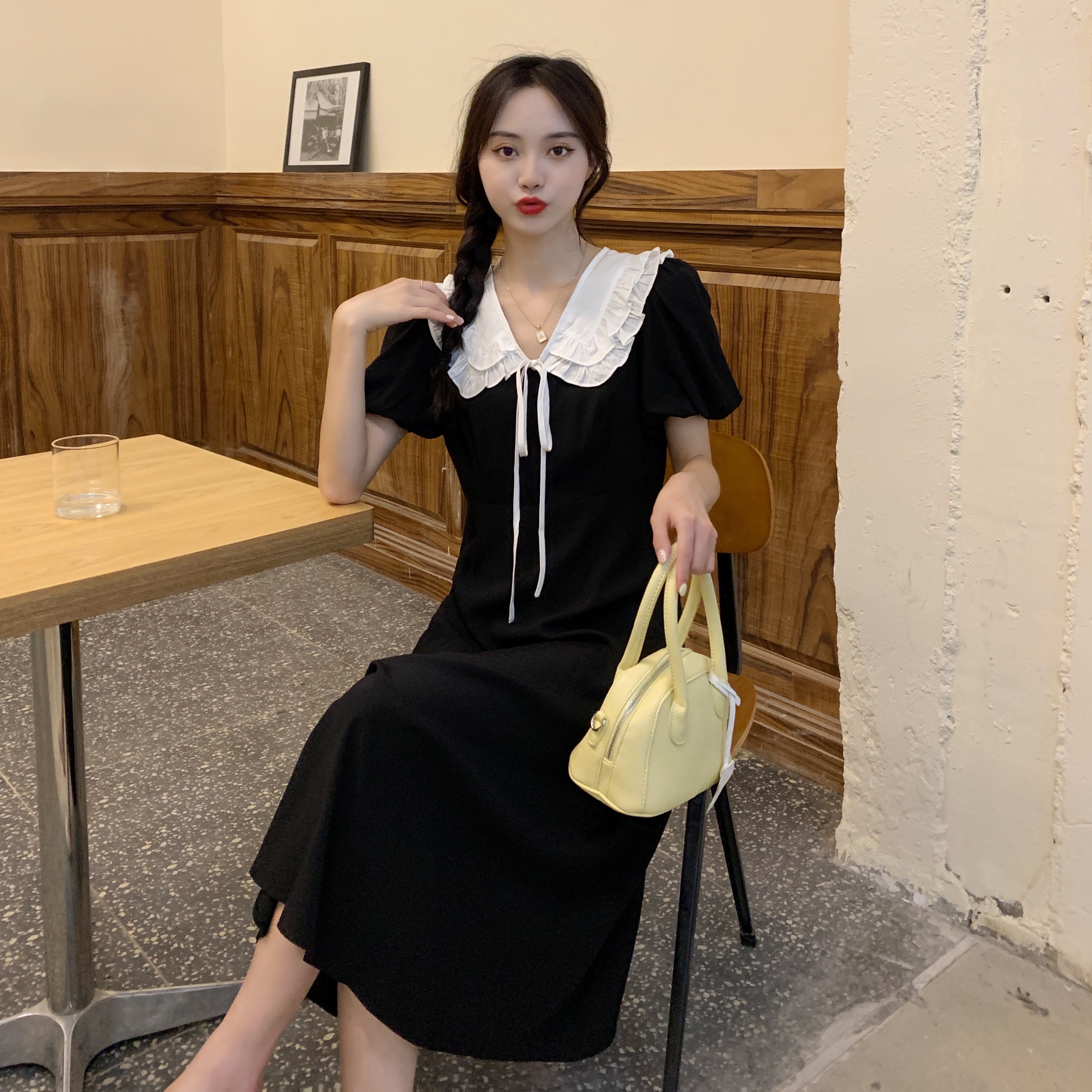 2021 summer sweet doll collar Ruffle short sleeve dress female student Korean version medium and long A-line skirt