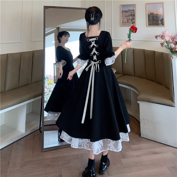 2021 new summer large fat mm French retro bandage lace medium length Hepburn knee length dress women