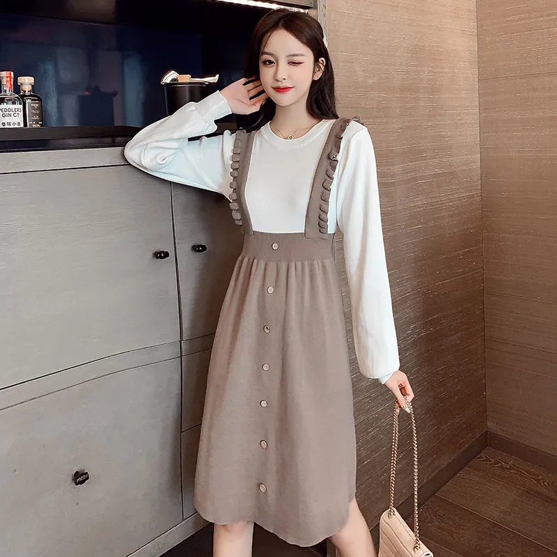 Net red autumn and winter new style fungus side suspender fake two dresses color matching to show thin temperament wool dress