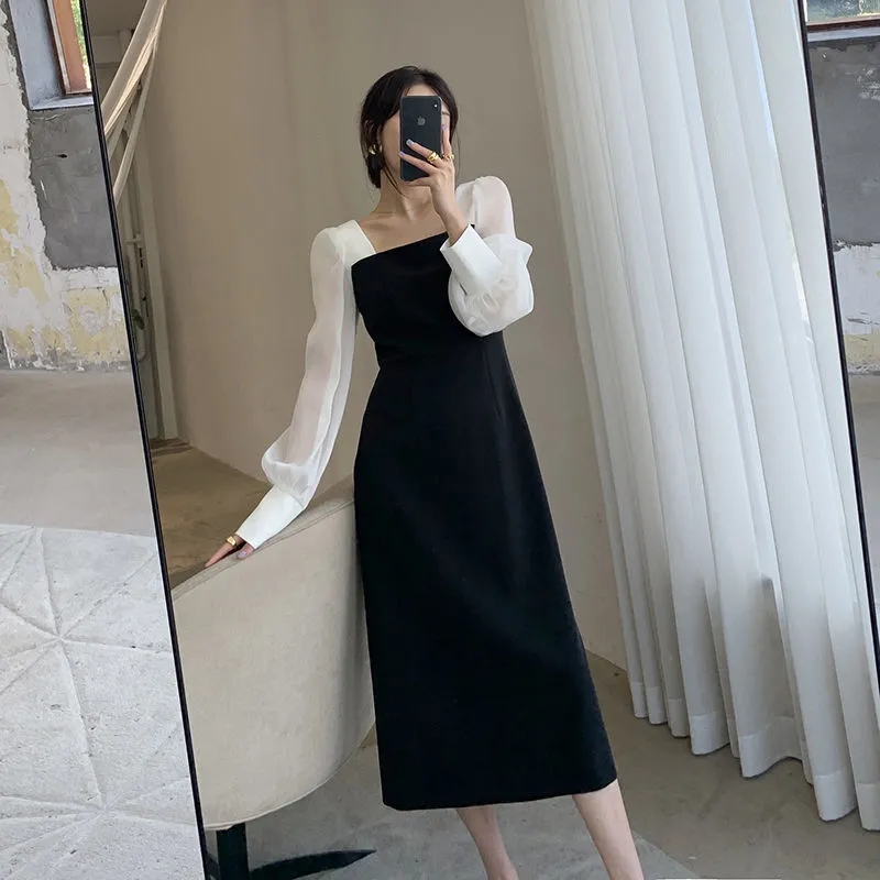 Large fat sister vintage dress women's spring and autumn new style square neck French long style thin black A-line skirt