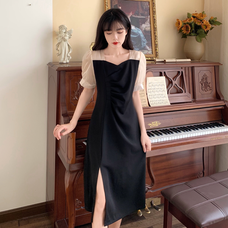 Light cooked wind pressure pleated stitched French minority split skirt summer 2021 large fat mm skinny dress