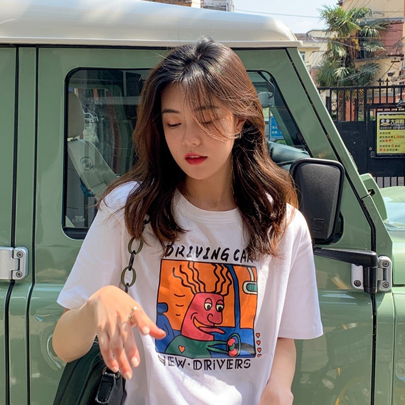 180g double ground milk silk summer T-shirt short sleeve student lazy print medium long T-shirt women