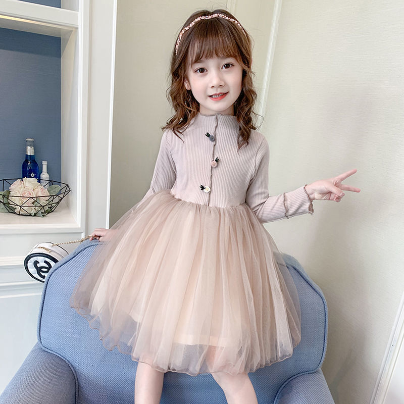 Girls' 2022 spring and autumn pure cotton dress, little girls' mesh princess skirt, children's Plush long sleeved fluffy skirt
