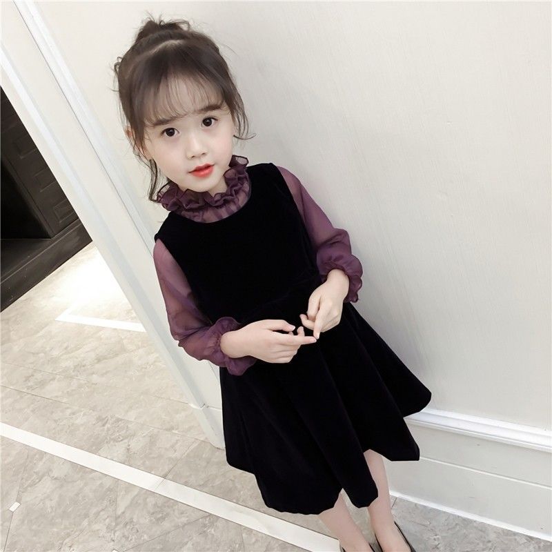 Girls' autumn dress Korean version fungus collar long sleeved shirt vest skirt little girls' ruffled princess skirt two piece set