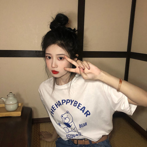 Summer Korean version new loose large version antique printing bear super fire white short sleeve T-shirt for women