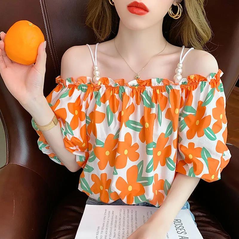 Summer new off shoulder short sleeve thin French off shoulder shirt women's sweet aging broken flower suspender top