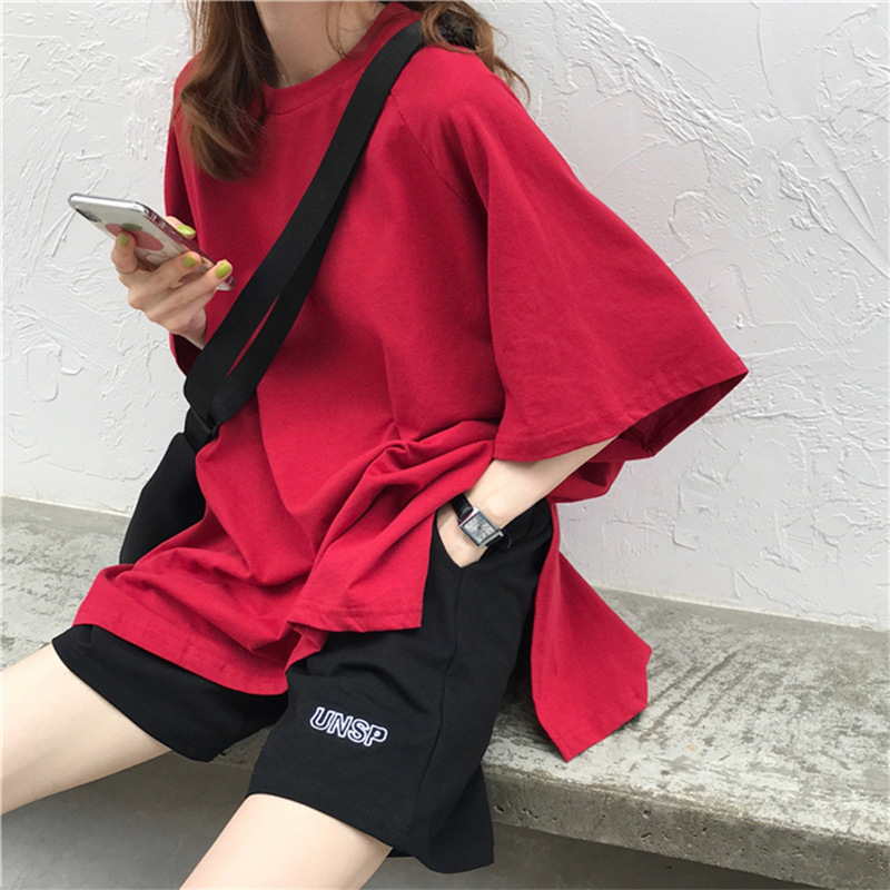 W1 # [official photo] fashion round neck solid color hem split short sleeve t-shirt female 2021 summer new top female