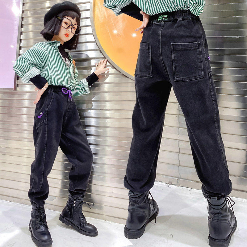 Girls' cashmere jeans autumn and winter new foreign style children's pants wear loose and versatile pants of middle and large children's Korean version